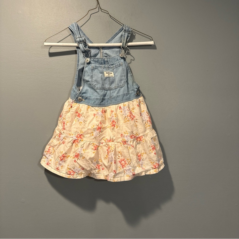 *Oshkosh B'Gosh Peach pink Floral Denim Mix Fabric Overall Dress